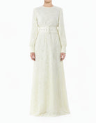 Cream Burnout Floral Modest Maxi Dress with Belt