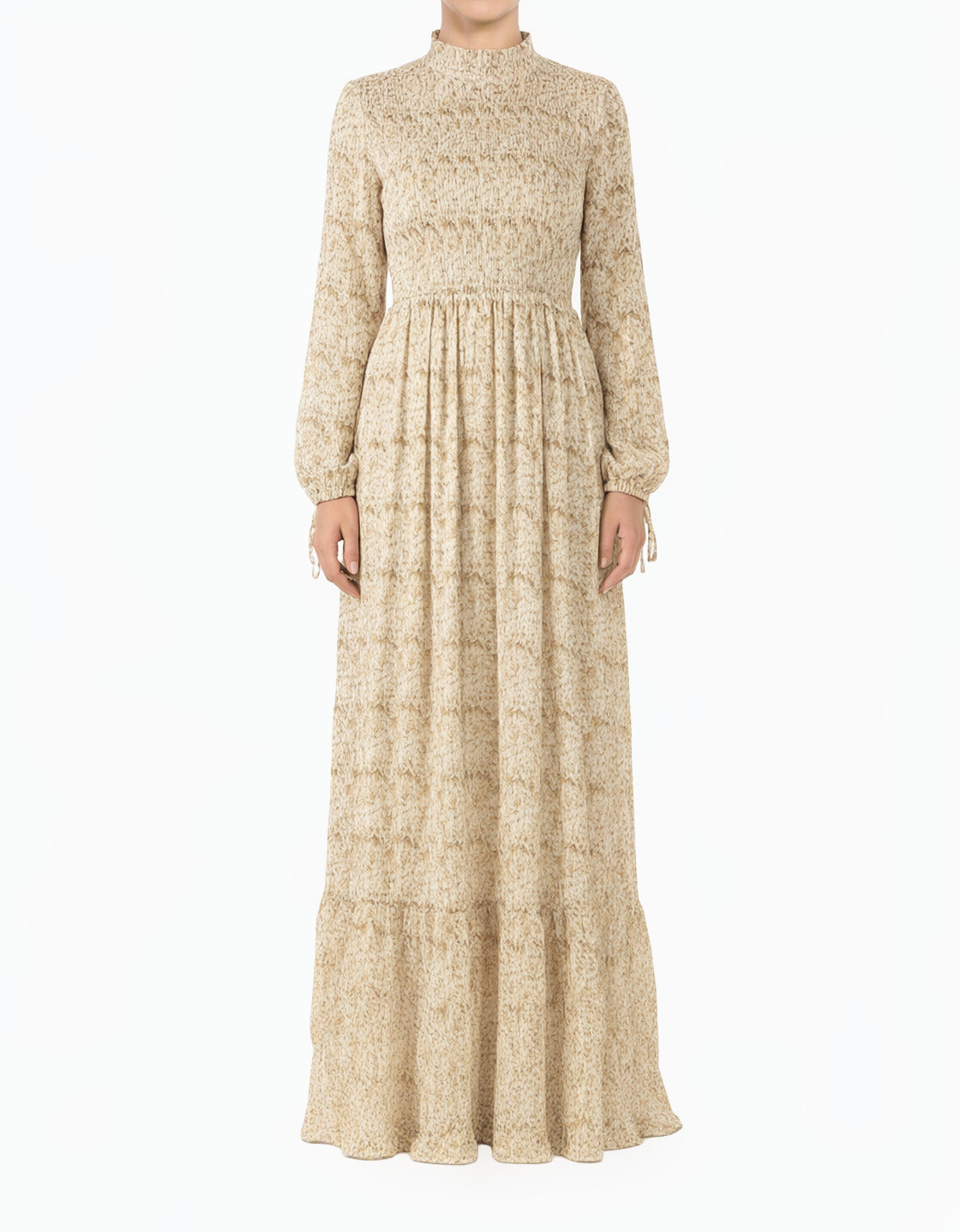 cream Jasmine petals Print Mock Neck Maxi dress