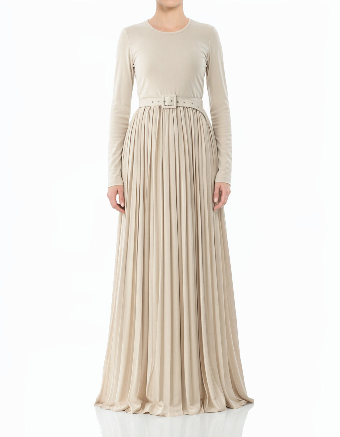 Cream Pleated Ponti Di Roma Modest Maxi Dress