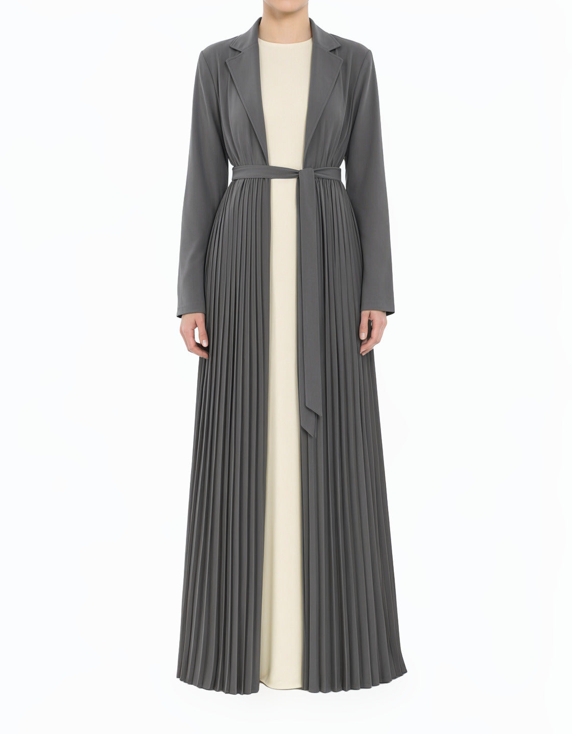 Dark Gray Pearly Veil Pleated Modest Cardigan Abaya