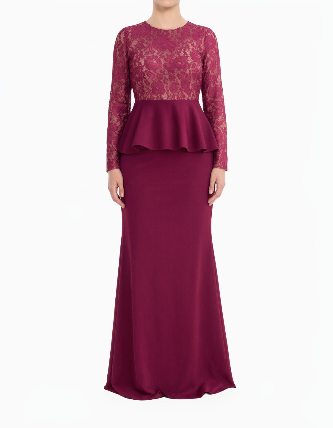 Deep Red Lace-Top Peplum Modest Dress