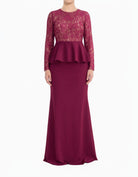 Deep Red Lace-Top Peplum Modest Dress