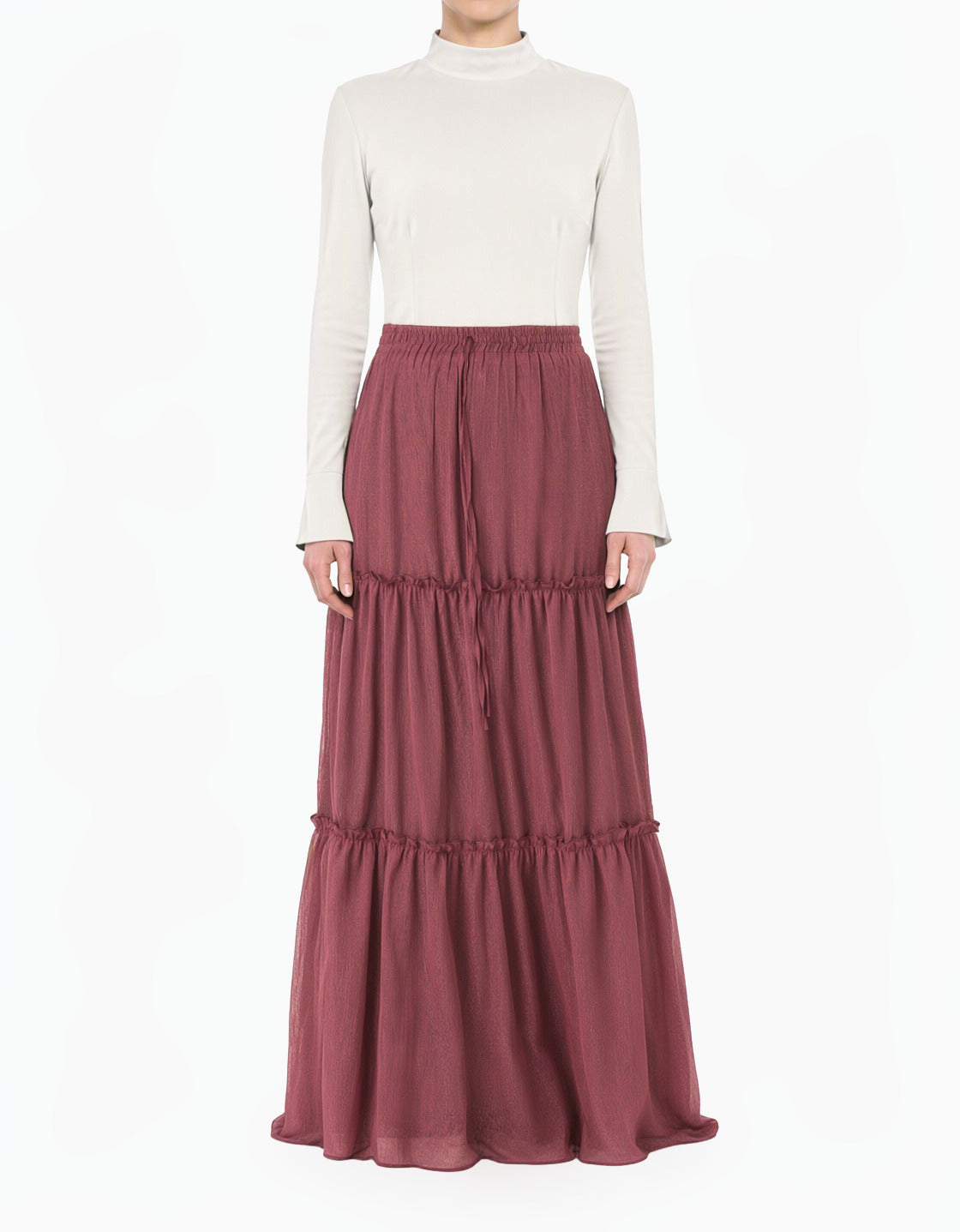 Dusty Rose Shimmer Chiffon Tiered Modest Maxi Skirt