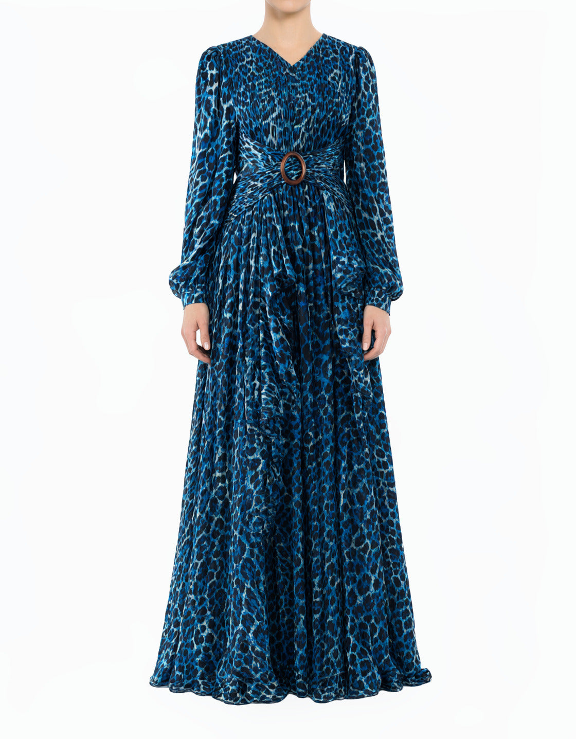 Electric Blue Cheetah Long Sleeve Modest Maxi Dress