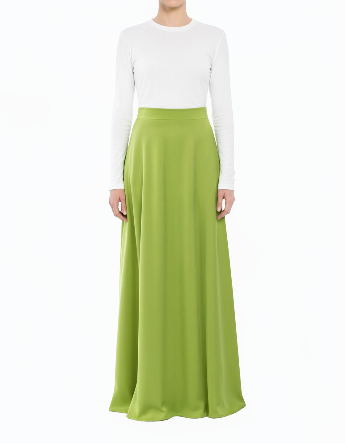 Pear Green Modest Maxi Skirt Elegant Luxury Satin