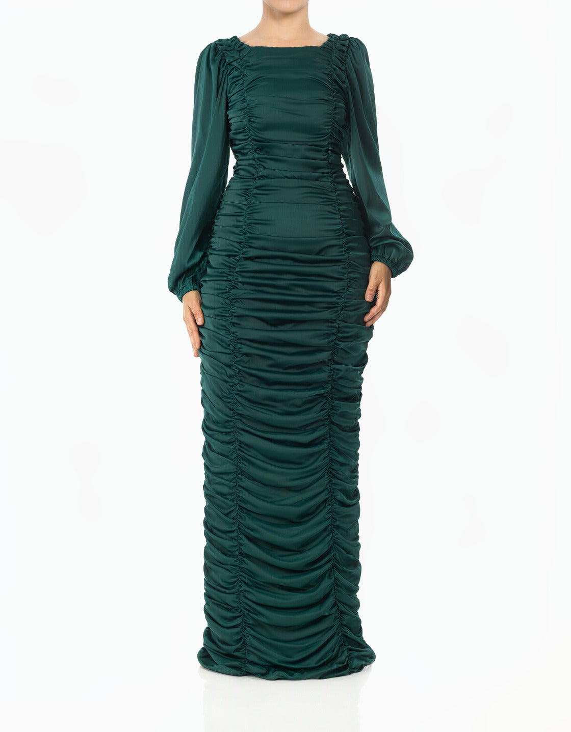 Emerald green Ruched Body-Con Satin Modest Maxi Dress
