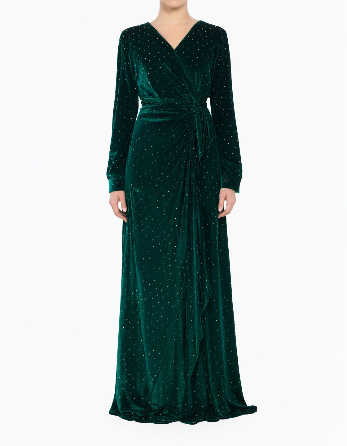 Emerald wrapped velvet long sleeve modest maxi dress