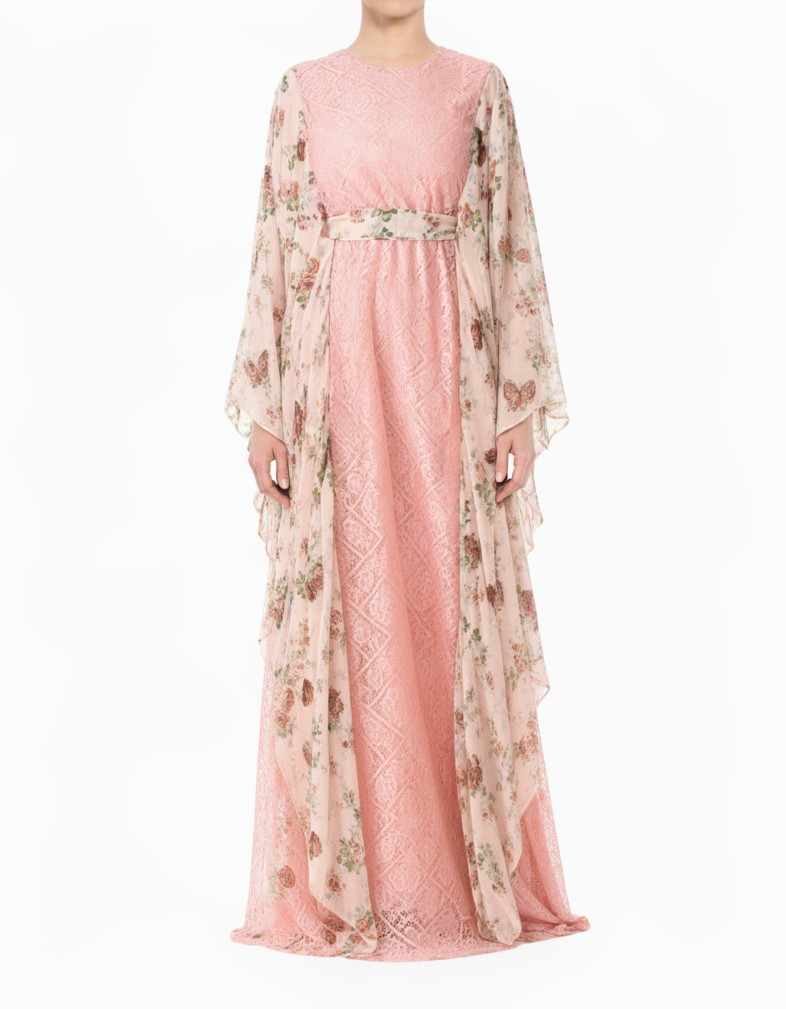 Pastel Pink floral butterfly Chiffon Kaftan abaya