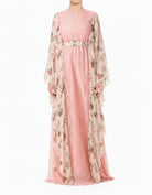 Pastel Pink floral butterfly Chiffon Kaftan abaya