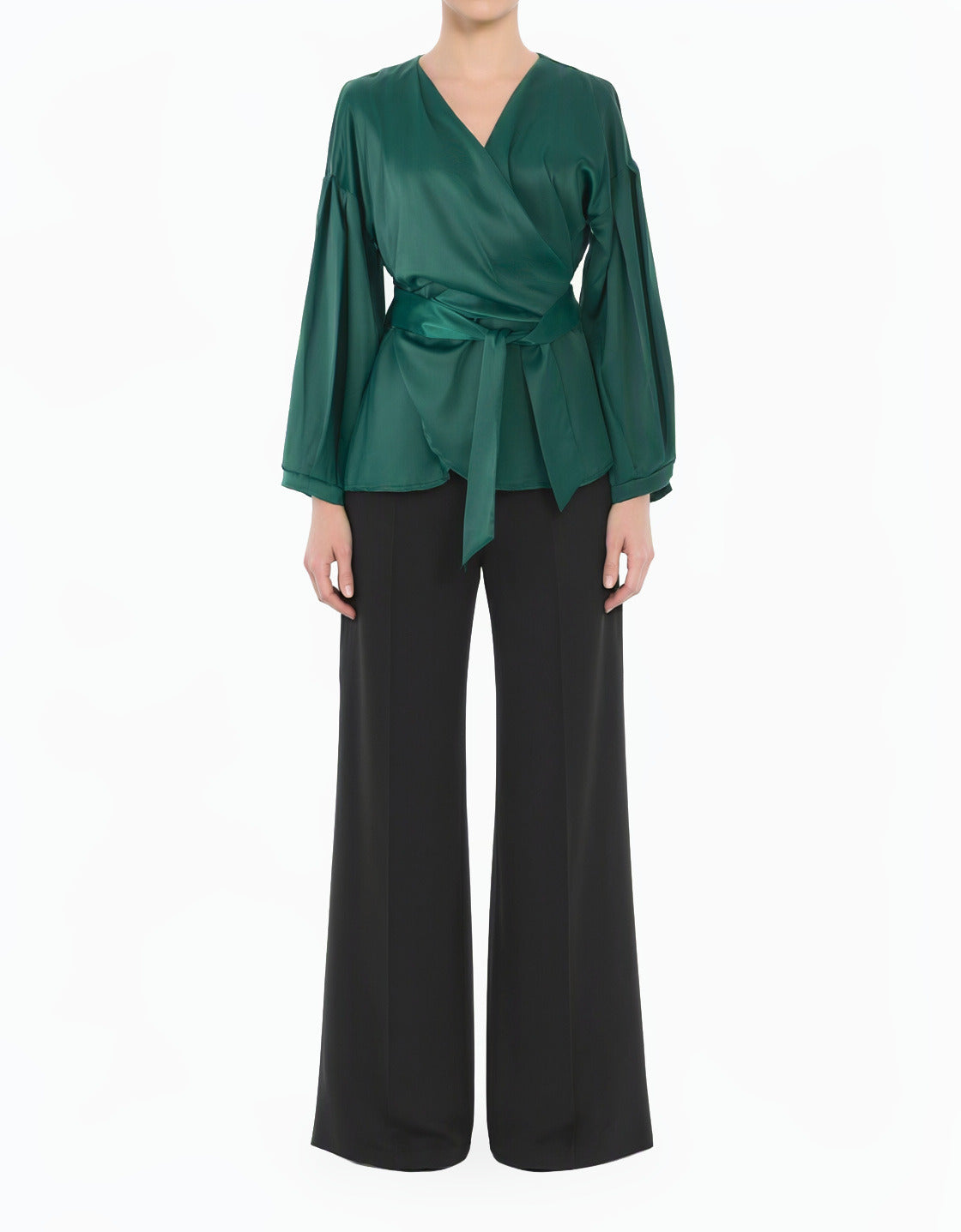 green Modest Long Sleeve Satin Wrap Top