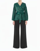 green Modest Long Sleeve Satin Wrap Top