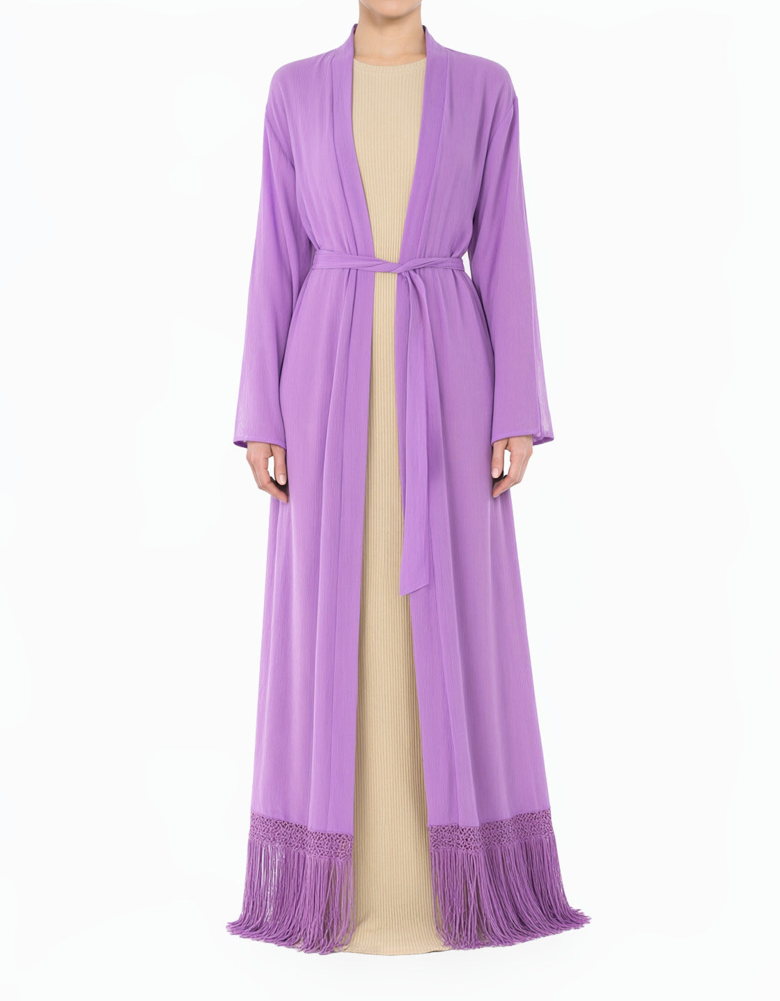 Lavender Maxi cardigan abaya Effortlessly chic fringe