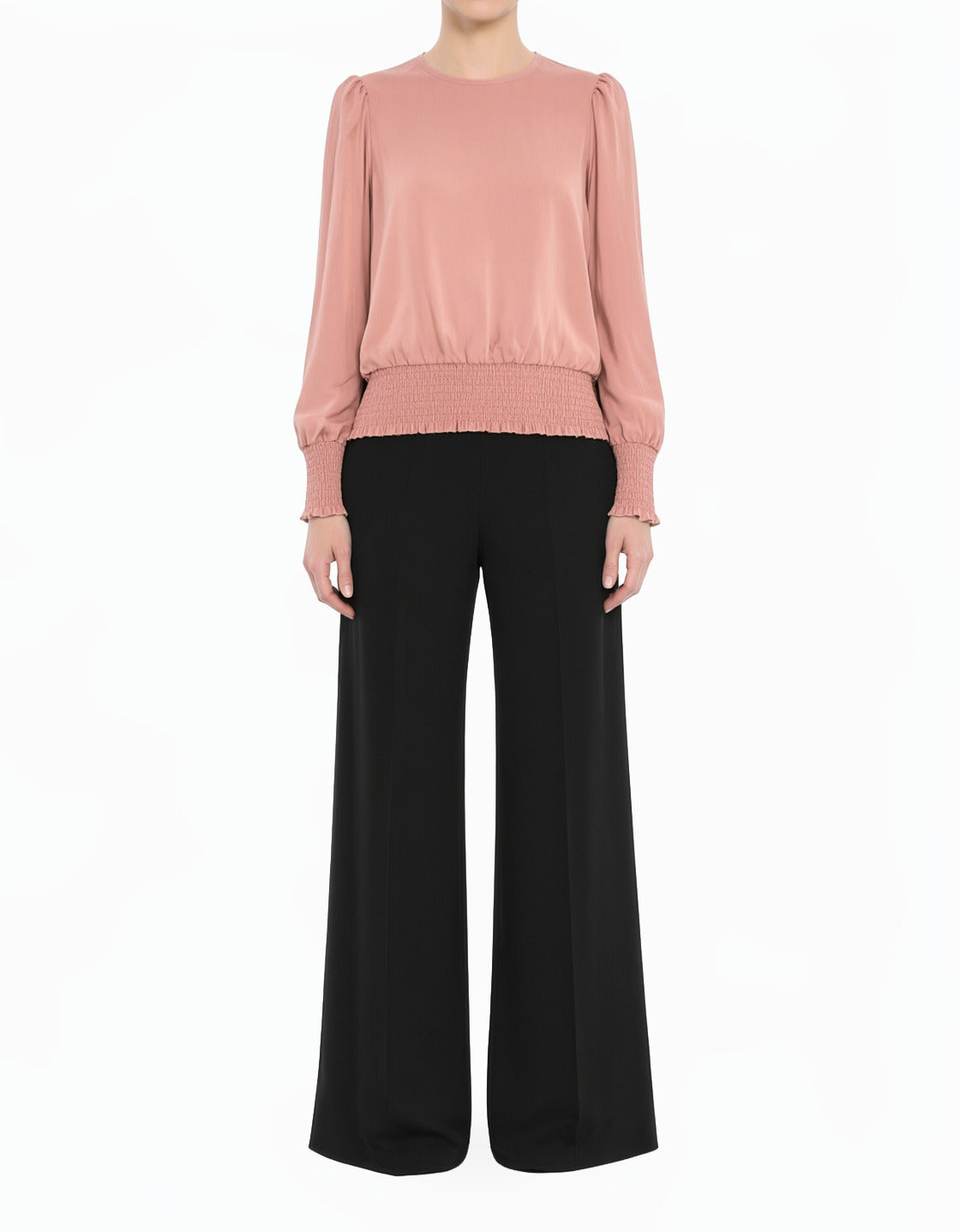 pink Modest Long Sleeve Satin Scrunch Blouse