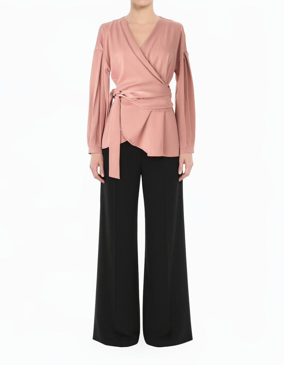 pink Modest Long Sleeve Satin Wrap Top