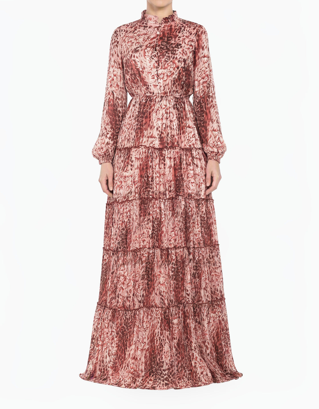Maroon Cheetah Floral Anitta Tiered Chiffon Modest Maxi Dress