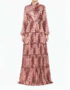 Maroon Cheetah Floral Anitta Tiered Chiffon Modest Maxi Dress