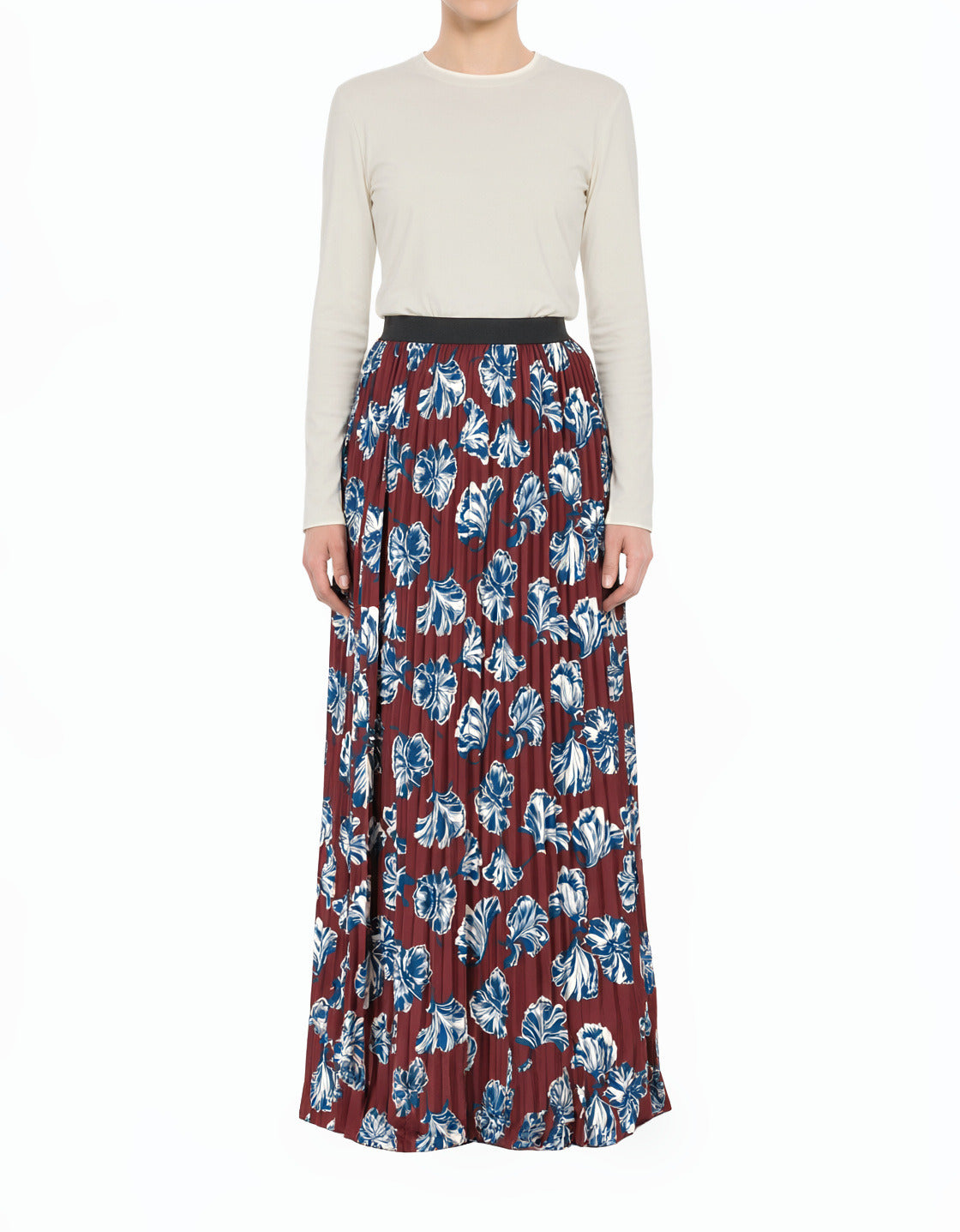 Maroon Floral Pleated Modest Maxi Skirt