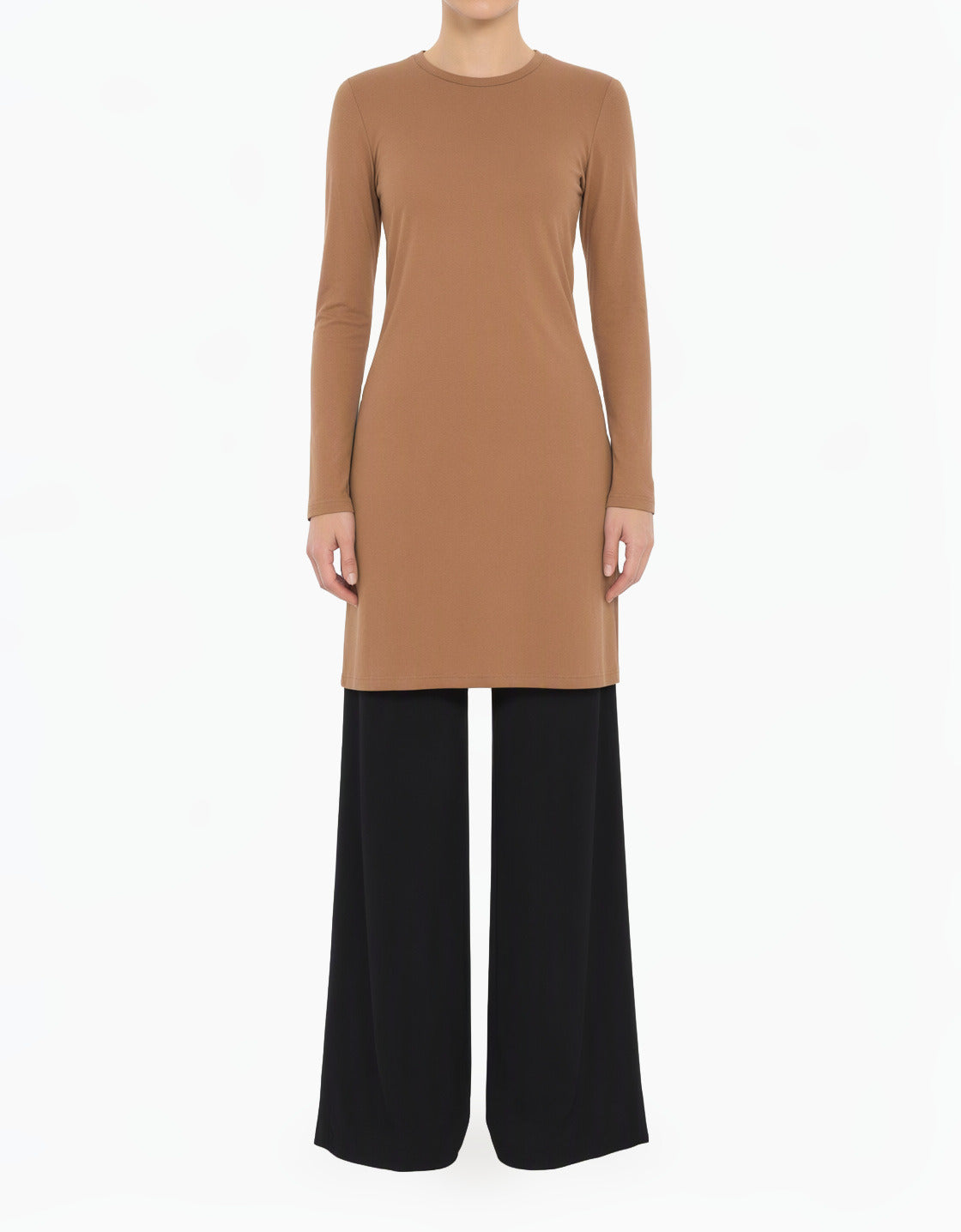Mocha Basic Modest Long Sleeve Cotton Midi Top