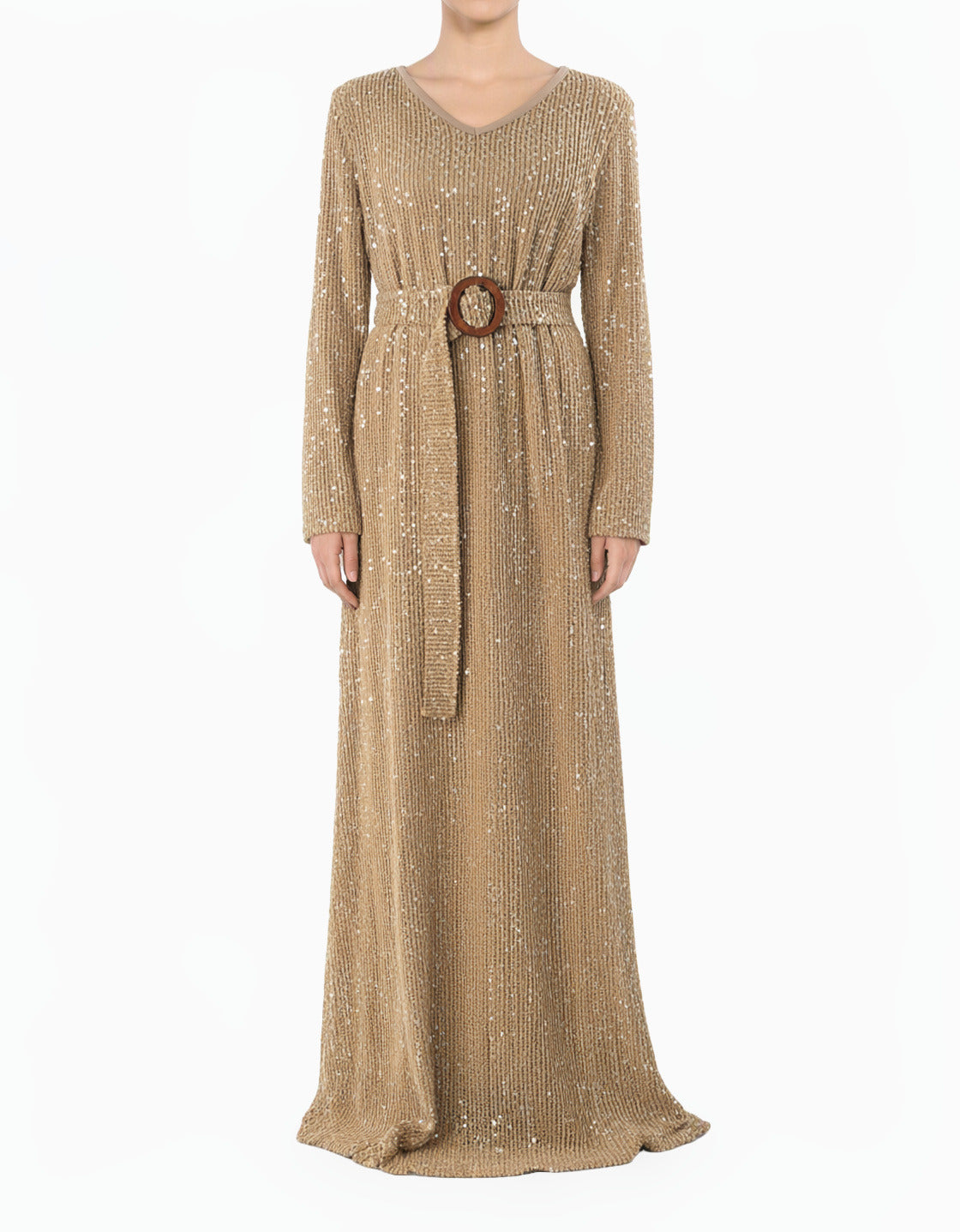 Mocha Sequin knit long sleeve modest maxi dress