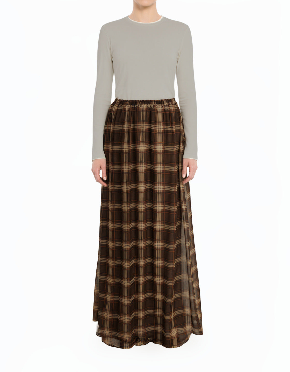 Mocha Waffle Plaid Chiffon Modest Maxi Skirt