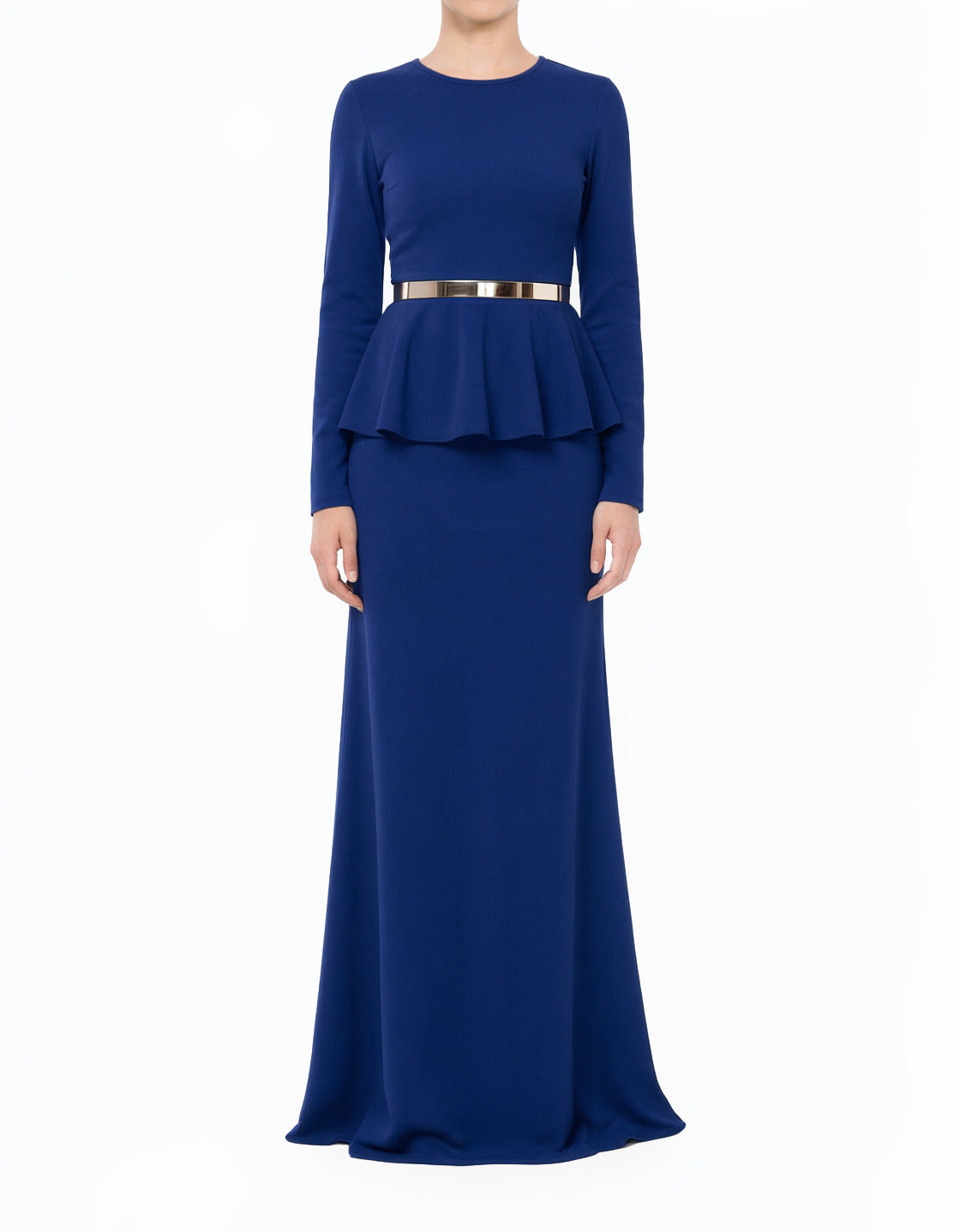 Navy Blue Classic Long Sleeve Peplum Modest Maxi Dress