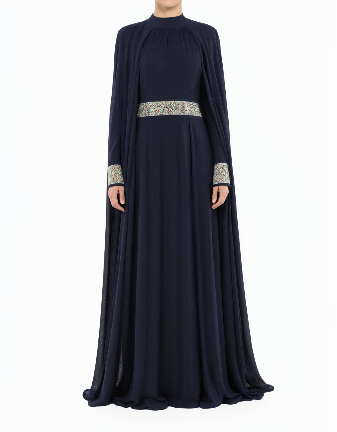 Navy Boqorad Crystal Cape Modest Gown