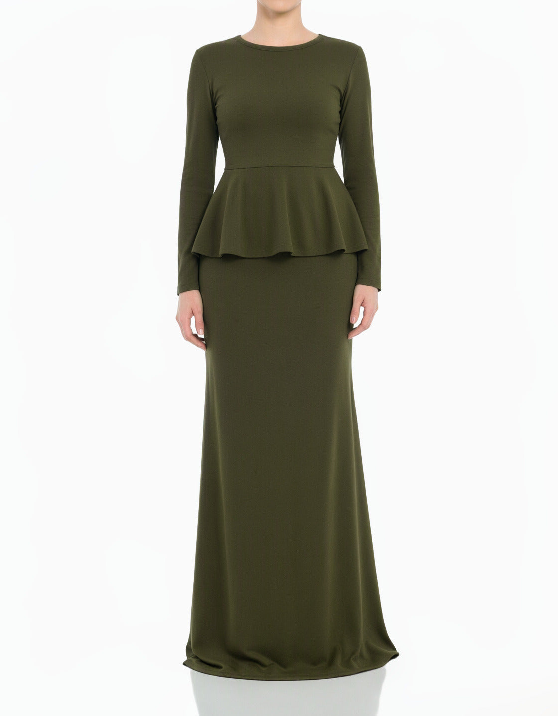 Olive Classic Long Sleeve Peplum Modest Maxi Dress