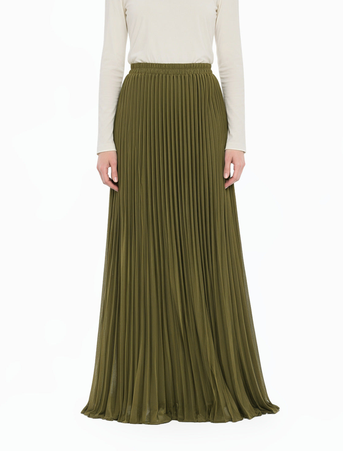 Olive Pleated Modest Maxi Skirt