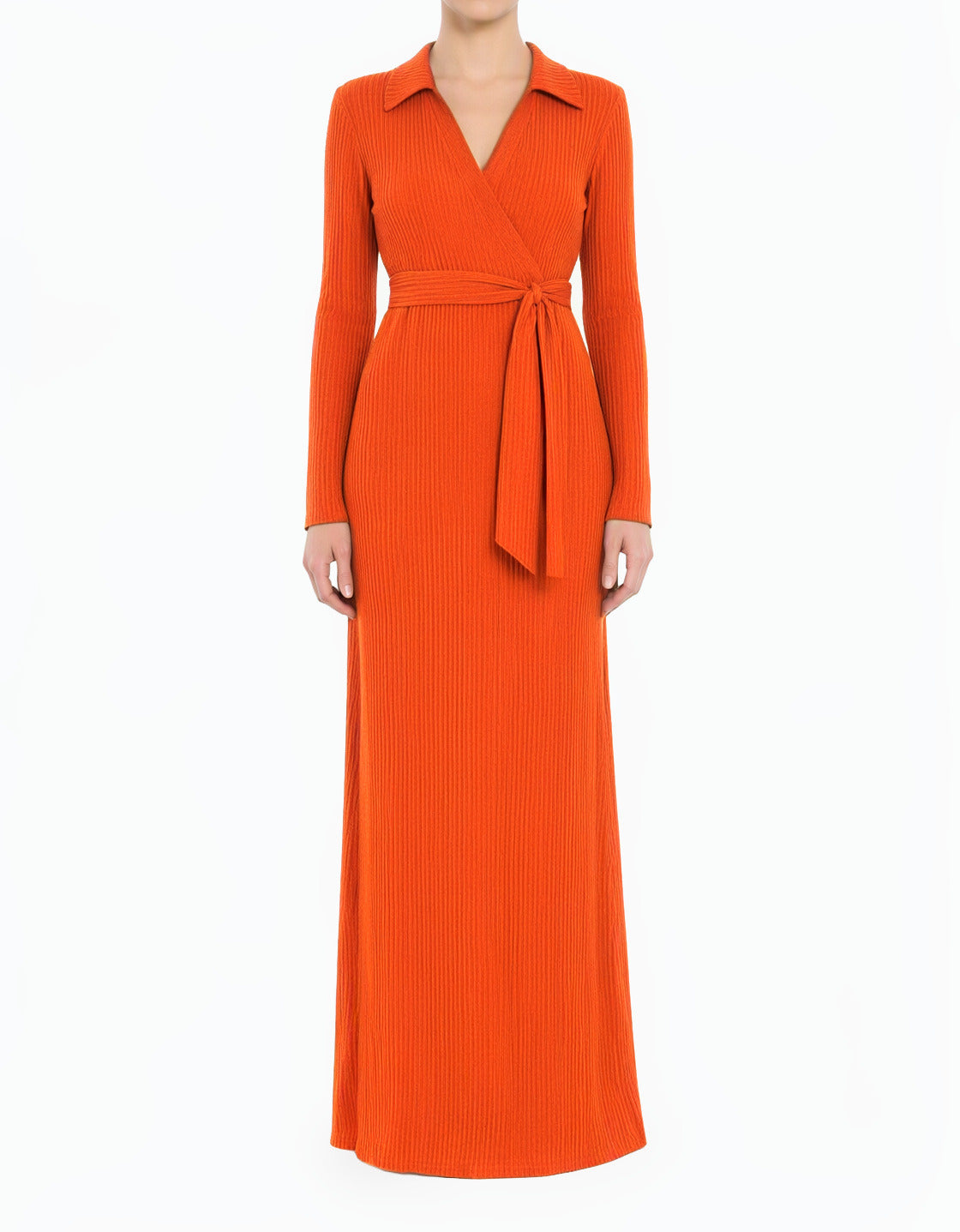 orange V-Neck Ribbed Sweater Modest Dress