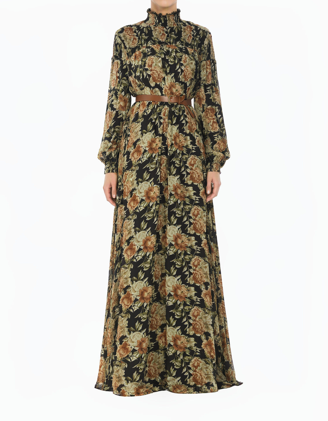 Pretty Floral Umbrella Chiffon Modest Maxi Dress