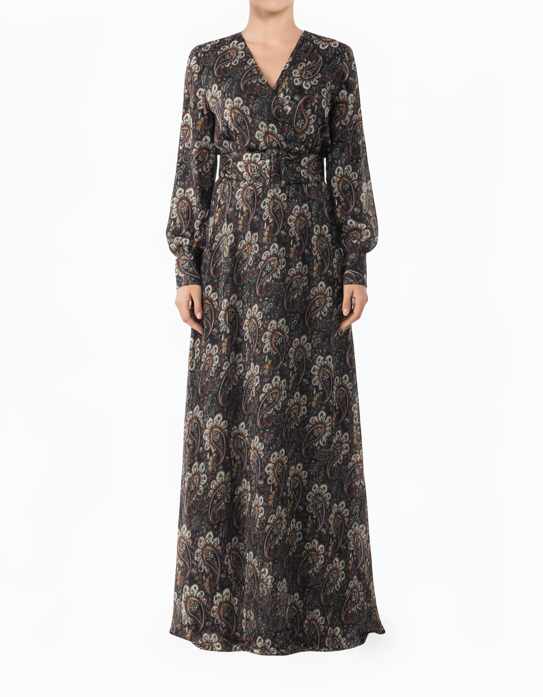 Black Pretty Paisley V-Neck Chiffon Shimmer Modest Maxi Dress