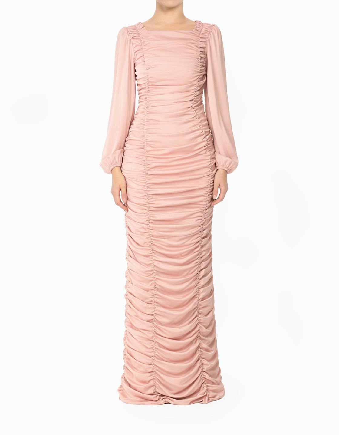 Pastel Mauve Ruched Body-Con Satin Modest Maxi Dress