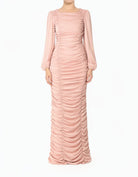 Pastel Mauve Ruched Body-Con Satin Modest Maxi Dress
