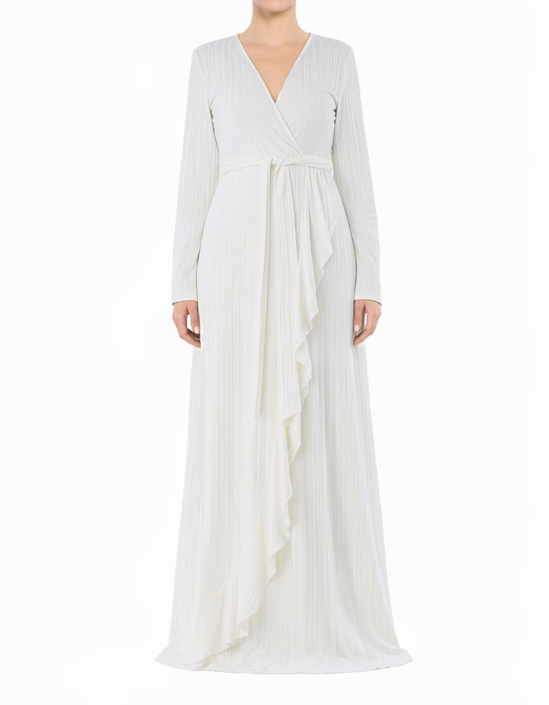 White Ruffles ribbed wrapped modest maxi dress