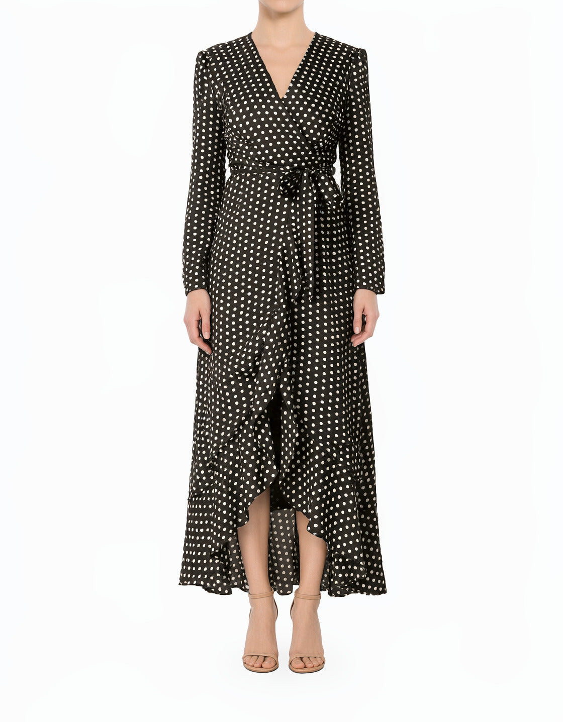 Black Satin Polka Dots Wrap Kimono Modest Dress