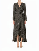 Black Satin Polka Dots Wrap Kimono Modest Dress