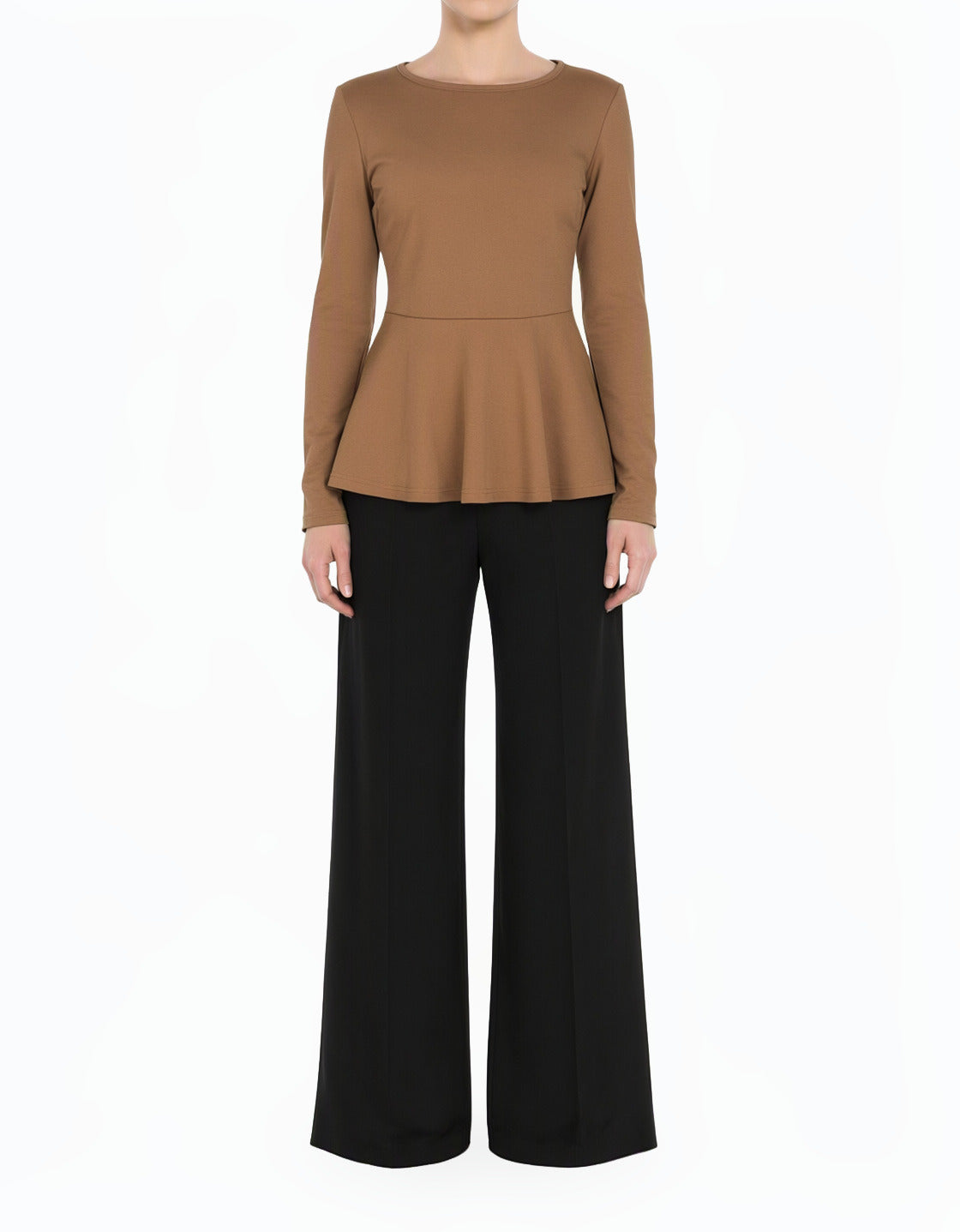 Tan Modest Long Sleeve Peplum Top