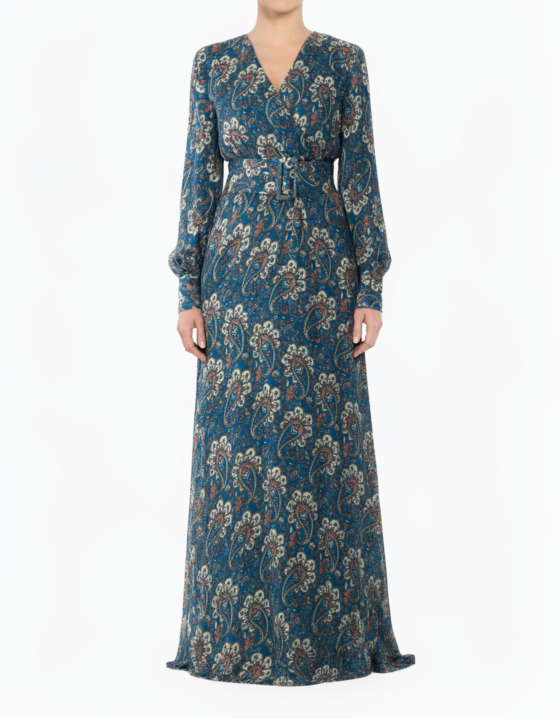 Teal Pretty Paisley V-Neck Chiffon Shimmer Modest Maxi Dress