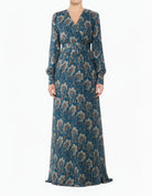 Teal Pretty Paisley V-Neck Chiffon Shimmer Modest Maxi Dress