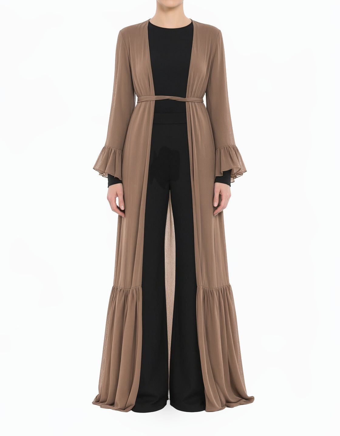 Coffee Cottagecore Tiered Ruffle Chiffon Modest Cardigan