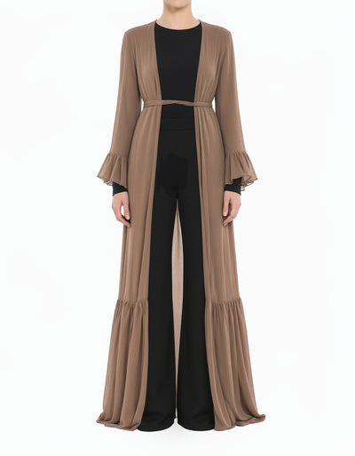 Coffee Cottagecore Tiered Ruffle Chiffon Modest Cardigan