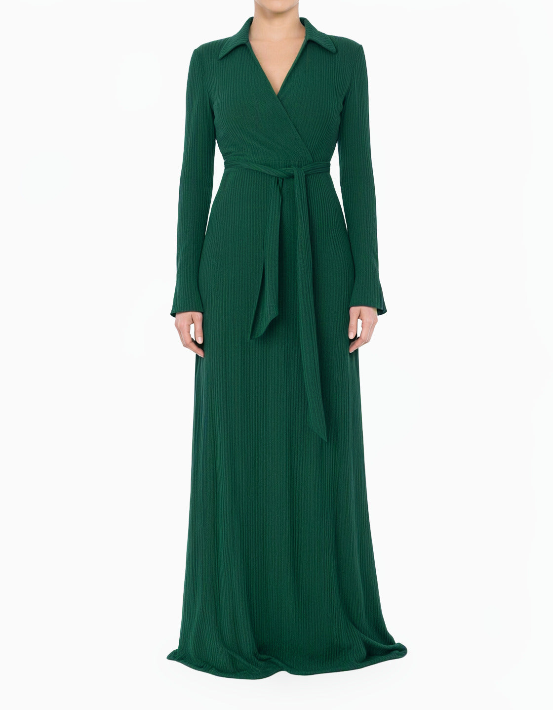 green V-Neck Ribbed Sweater Modest Dress