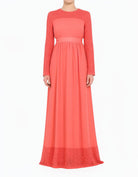 Coral Vibrant Lace Detailed Chiffon Modest Dress