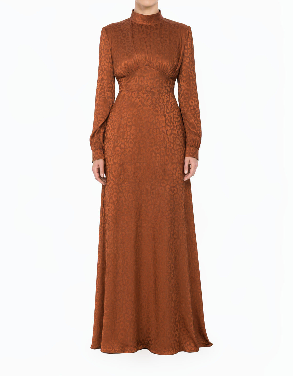Rust Brown Bold Jacquard Satin Modest Maxi Dress