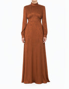 Rust Brown Bold Jacquard Satin Modest Maxi Dress