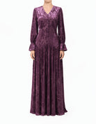 Zaria Eggplant velvet burnout modest maxi dress
