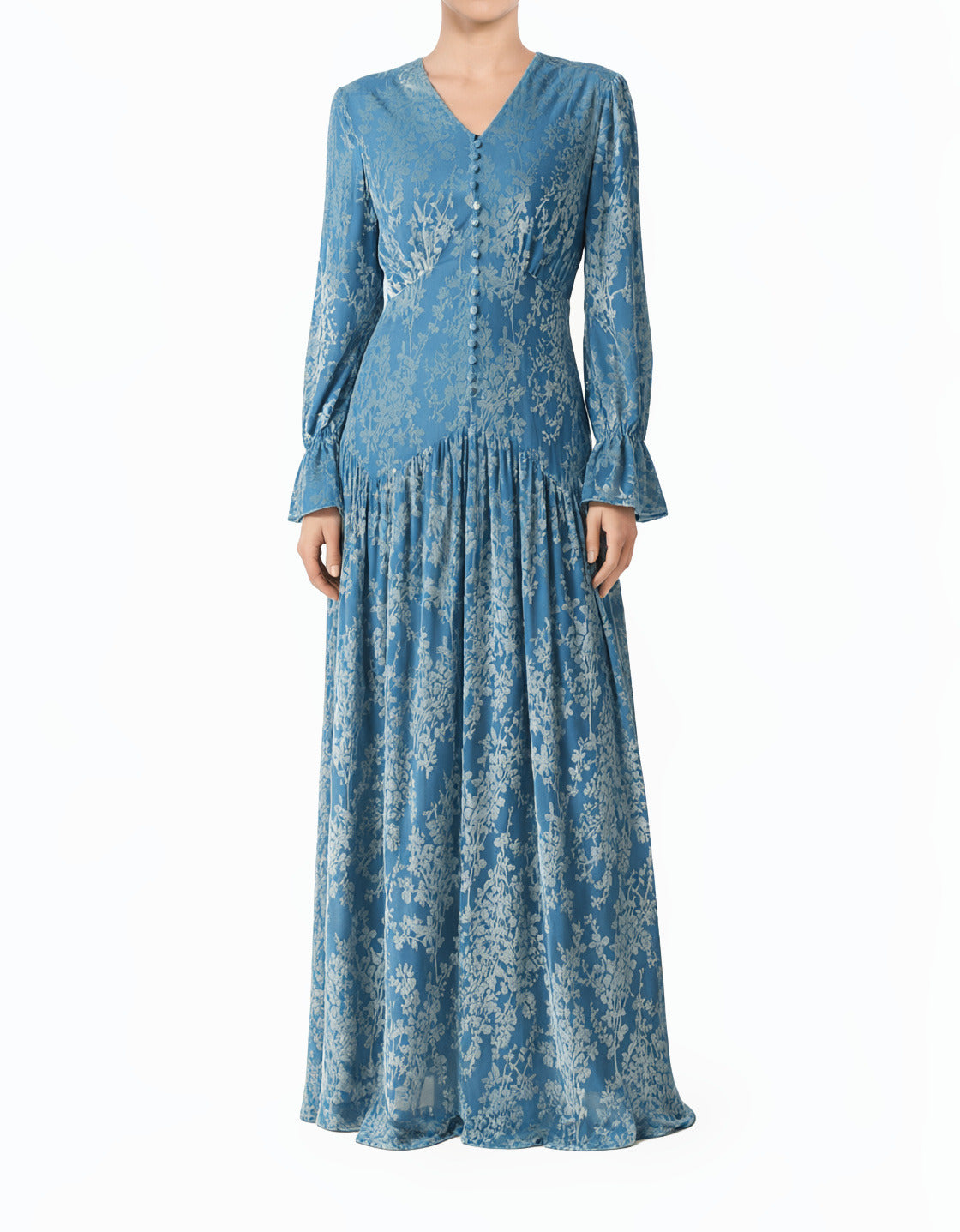 Zaria Pretty Blue velvet burnout modest maxi dress