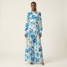 Hiba Abstract print chiffon shimmer modest dress Kabayare