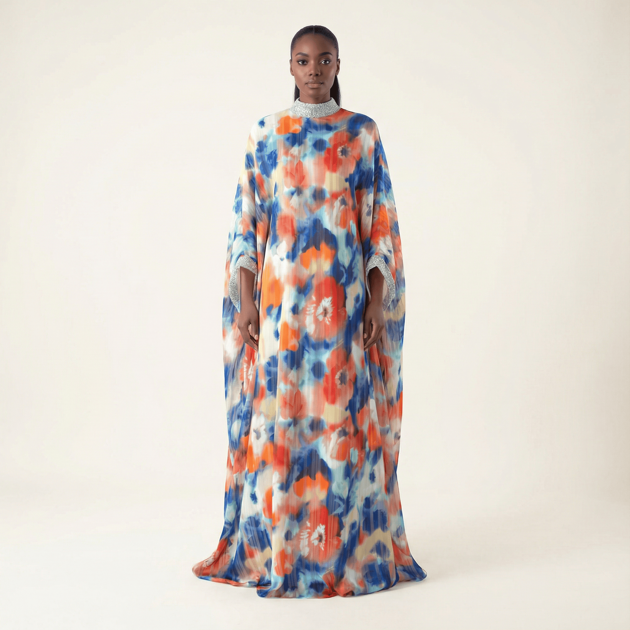 Kaftan abaya Zohra Blue and red tone silk chiffon Kabayare