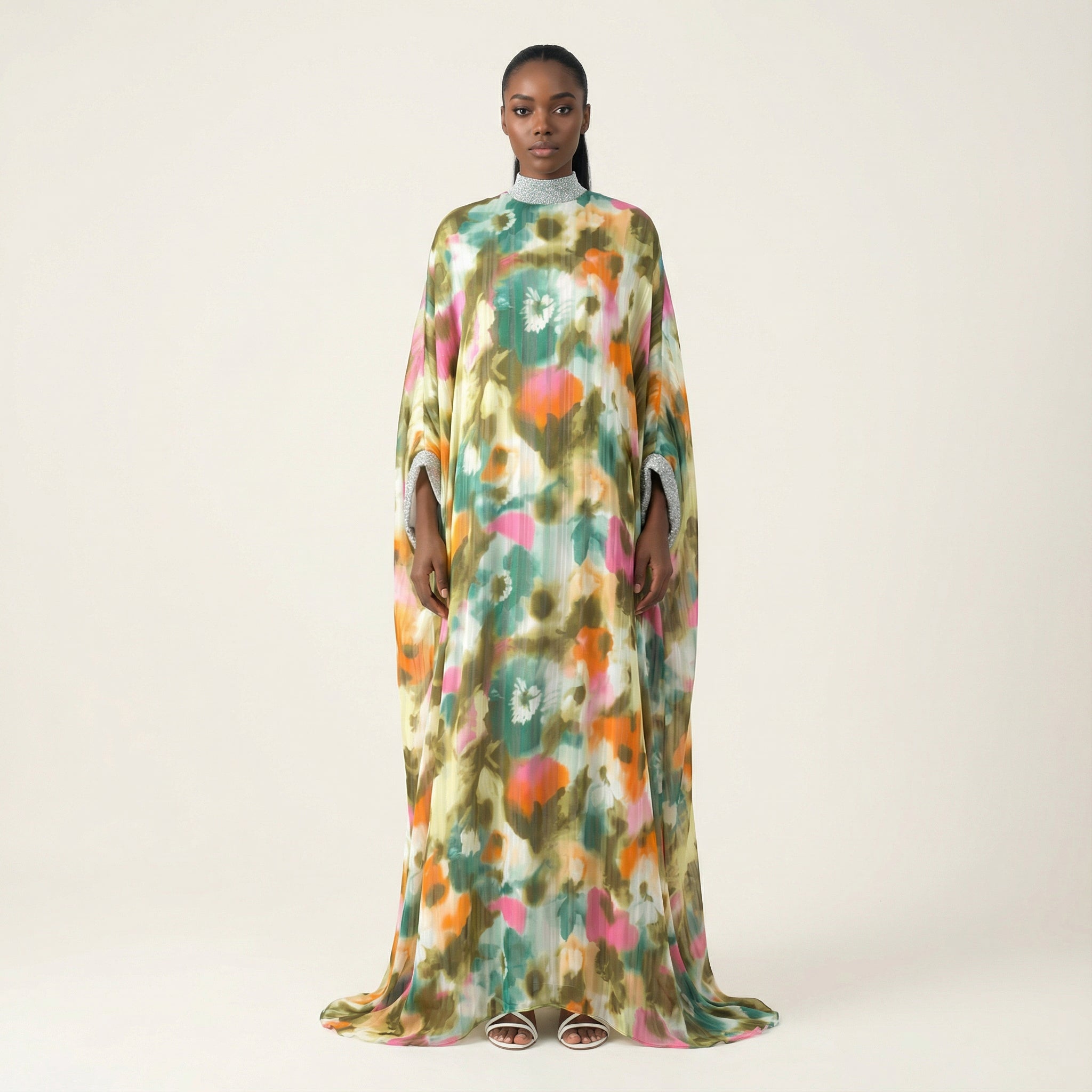 Kaftan abaya  Zohra Olive tone silk chiffon shimmer Kabayare